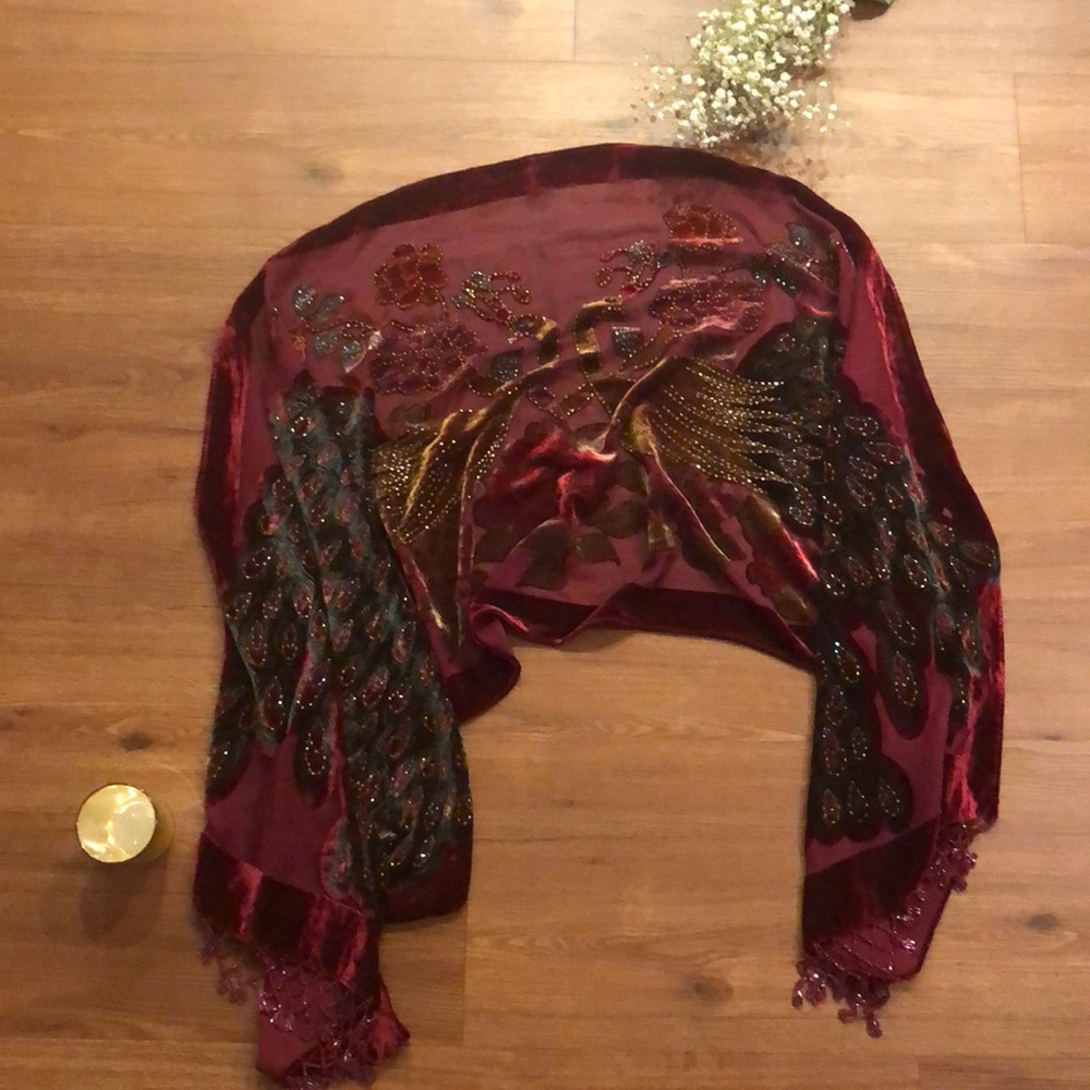 Detailed Beaded Peacock Velvet Sheer Shawl 🦚64x20